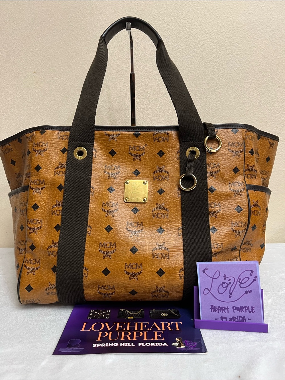 MCM Cognac Visetos Tote with Black Straps and Gold Plate